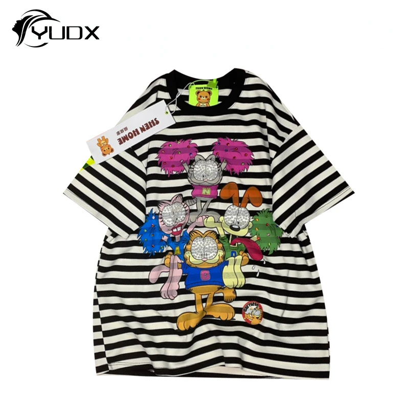 

YUDX Original 2024 Spring Summer Short Sleeve T-shirt Cartoon Print Stripes Beading O-neck Pullover Top Casual Basic Cotton Tee