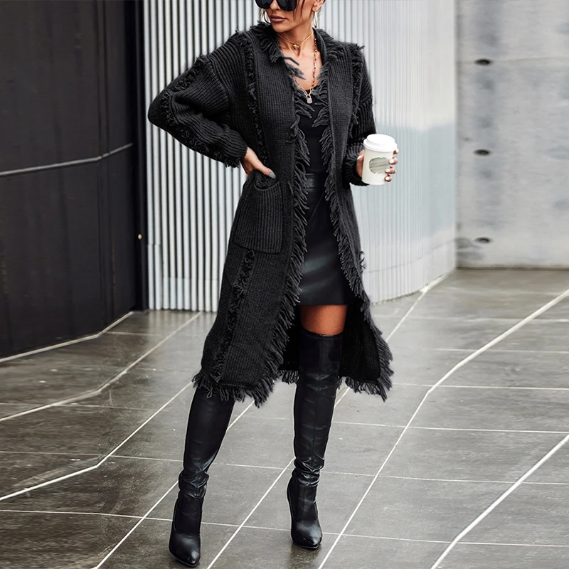 Elegant Casual Long Sleeve Pocket Cardigan Autumn Solid Color Tassel Long Sweaters Coats Winter High Street Knitted Streetwear
Elegant Casual Long Sleeve Pocket Cardigan Autumn Solid Color Tassel Long Sweaters Coats Winter High Street Knitted Streetwear