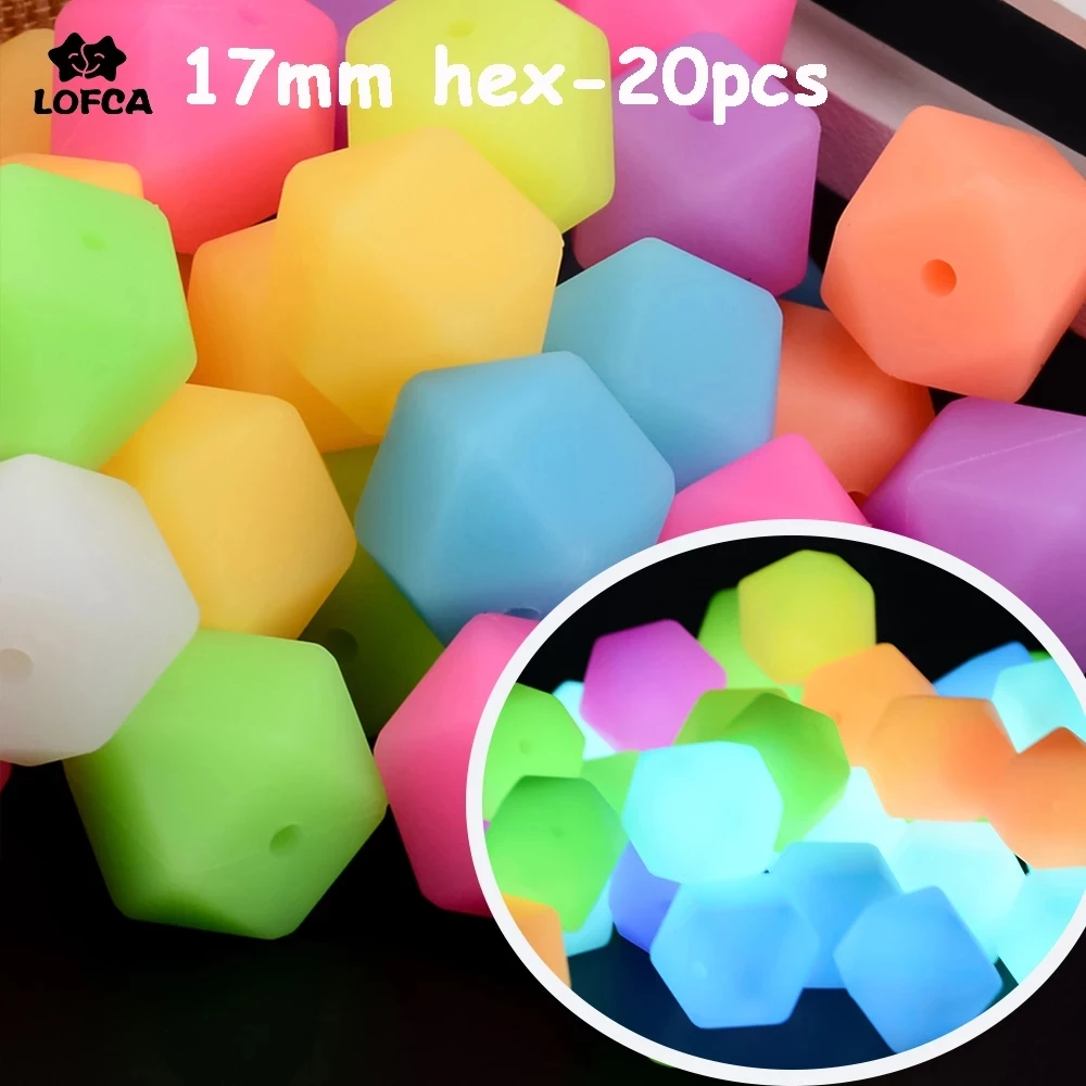 

Lofca 20pcs Luminous Beads 17mm Hexagon Silicone Loose Glow In The Dark BPA Free Marking DIY Necklace For Kids