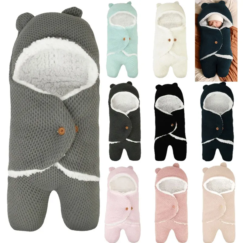 

9 Colors Winter Infants Fleece Hooded Swaddle Wraps Baby Stroller Sleeping Bag Blanket for Newborn to 12 Months Boys Girls Gifts