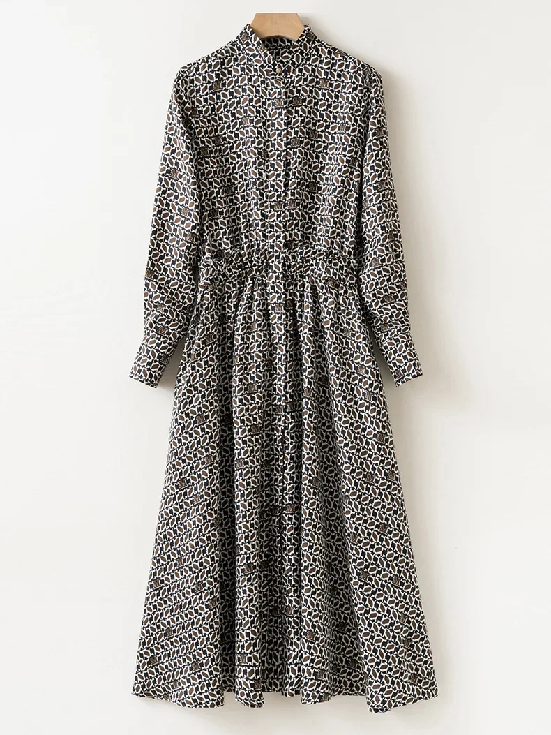 100% Silk Women's Retro Print Shirt Dress Elegant Ladies Elastic Waist Turn-Down Collar Long Sleeve Single Breasted Midi Dresses
100% Silk Women's Retro Print Shirt Dress Elegant Ladies Elastic Waist Turn-Down Collar Long Sleeve Single Breasted Midi Dresses