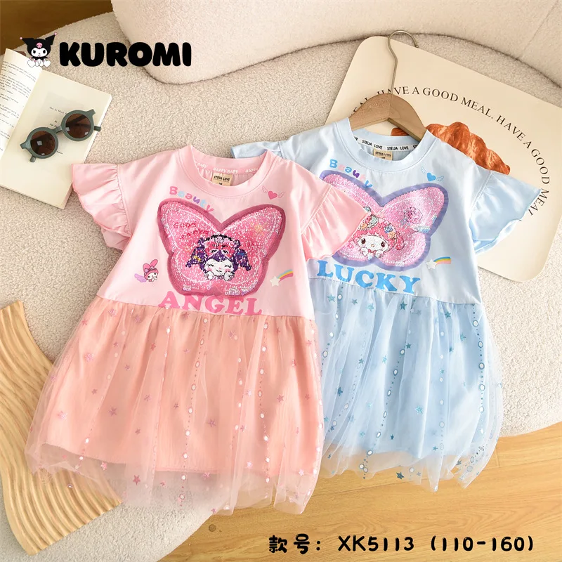 

2024 New Kawaii Sanrio Kuromi My Melody Summer Cotton Children's Clothing Sequin Variable Cartoon Cute Girl's Dress