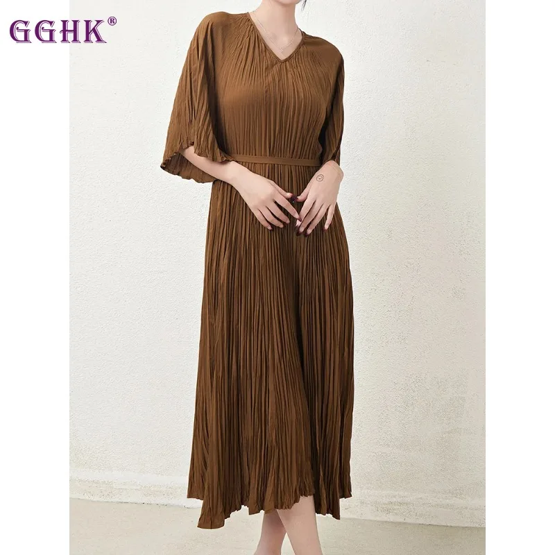 

GGHK Miyake Fashion Pleated Dress V Neck A Line Lace-up Half Flare Sleeve Loose Medium Long New Spring 2024 Elegant Lady Cloth