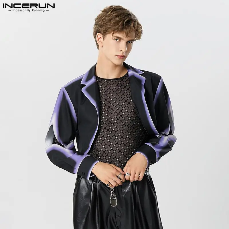 

INCERUN Tops 2023 American Style Men's Curved Hem Edging Design Suit Jackets Casual Contrasting Color Print Cropped Blazer S-5XL