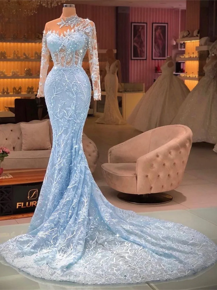 

Sky Blue Gorgeous Mermaid Prom Dresses Long Sleeves Appliques Sheer O-neck Formal Evening Wedding Party Gowns Custom Made