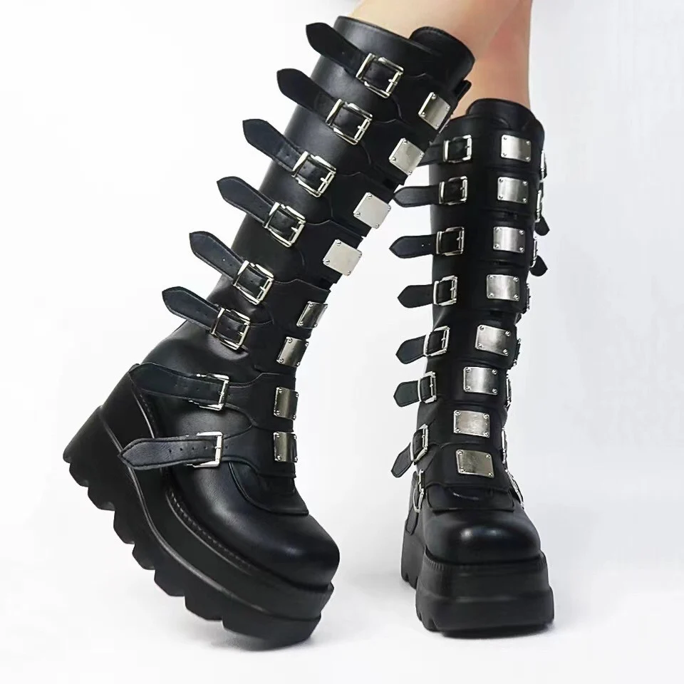 

Fashion Metal Plate Belt Buckled Knee Boots Women Thick Platform Wedge High Heel Punk Boots Woman Knight Boots