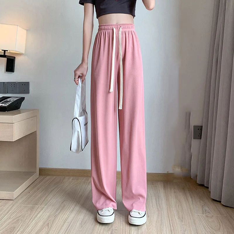 

Summer Lace Up Wide Leg Pants for Women Casual High Waist 2024 Women's Long Ice Silk Pants Pleated Loose Trousers Female Slacks