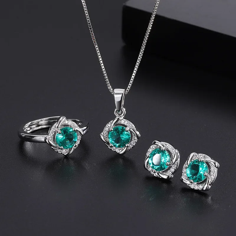 

Charms Retro Emerald Lab Diamond Round Pendant Necklace Adjustable Dating Ring Earrings for Women's Jewelry Set Anniversary Gift