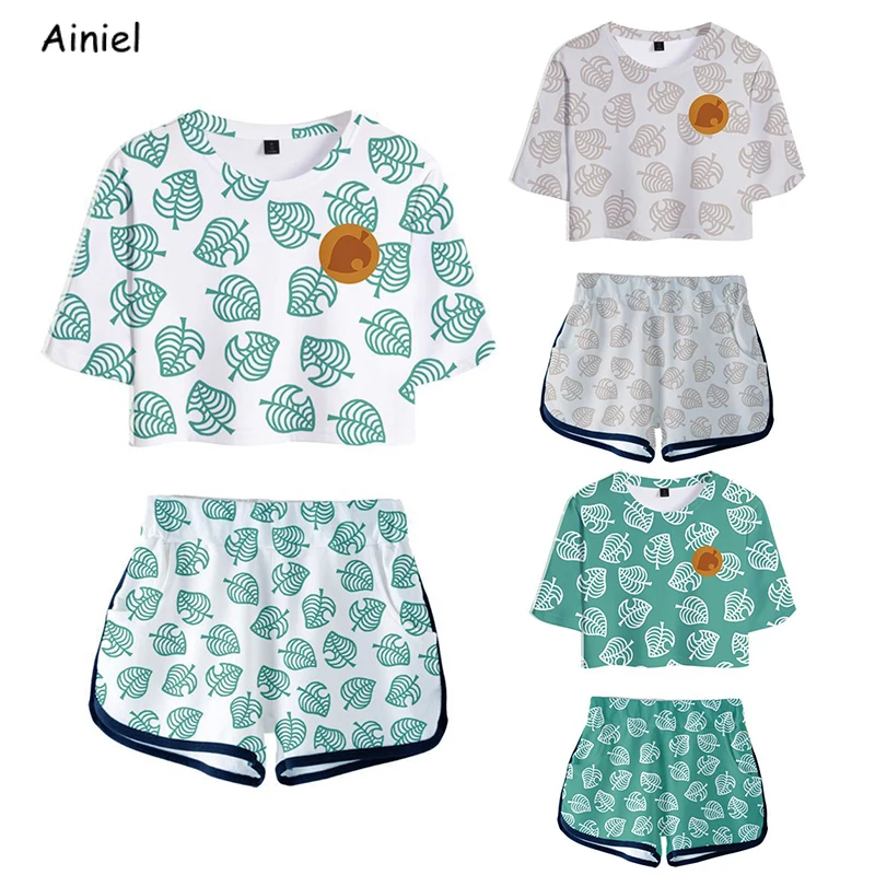 

Hot Game Animal Crossing Shirt T-Shirt Shorts Sport Suit Tom Nook 3D Leaf Printed Short Sleeve Tees Girls Disfraz Women Gym Set