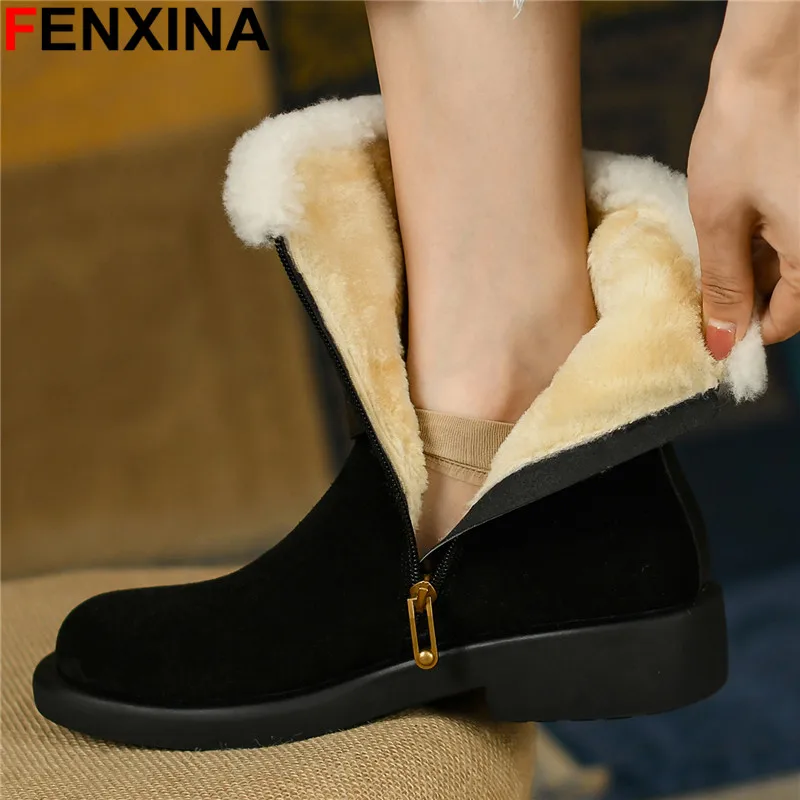 

Женские зимние ботинки на платформе FENXINA, теплые замшевые ботинки из коровьей кожи на молнии с плюшевой подкладкой, ботильоны на среднем квадратном каблуке