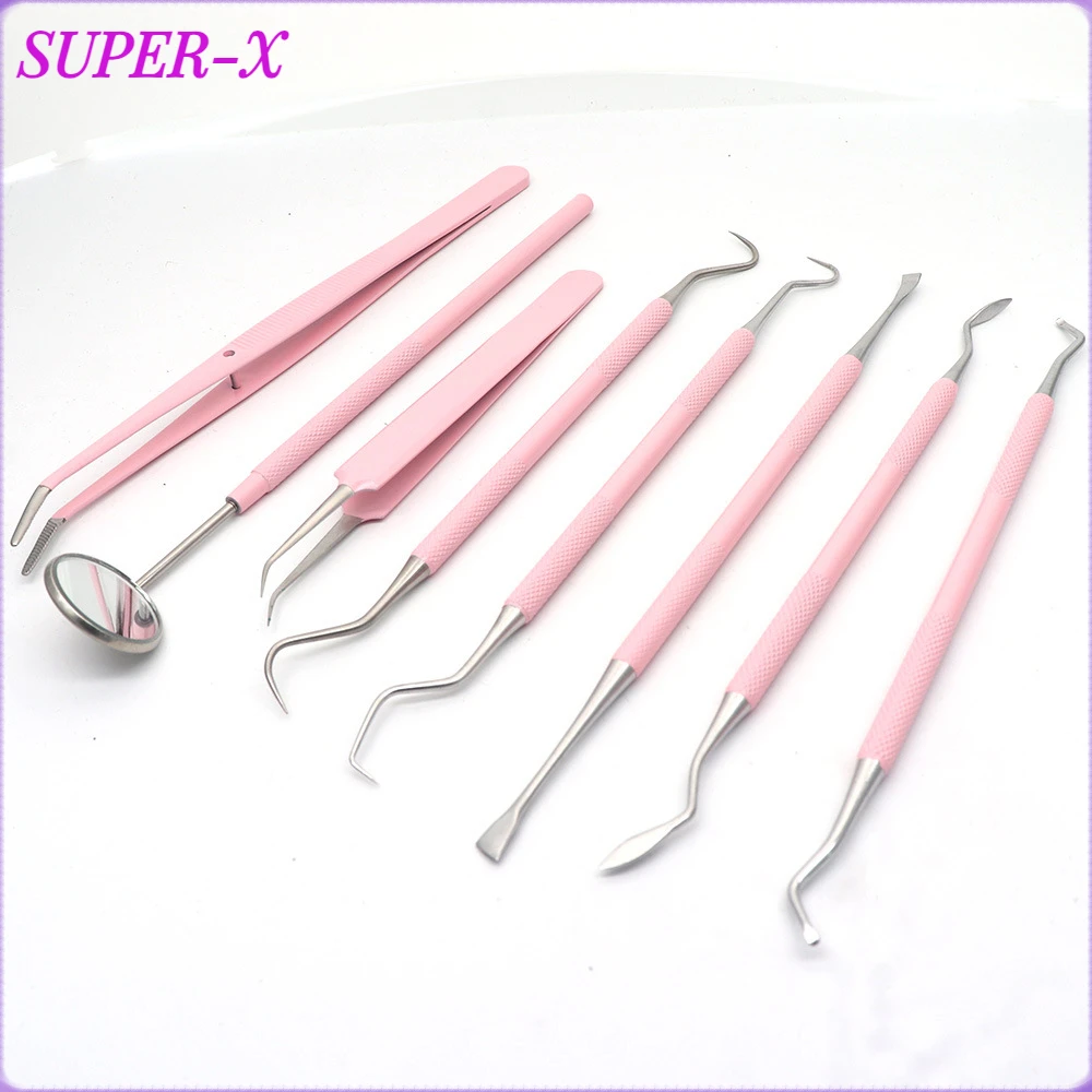 

1pc Pink Color Dental Mouth Mirror Tweezers Probe Stainless Steel Double Heads Hygiene Explorer Probe Hook Dentist Tool