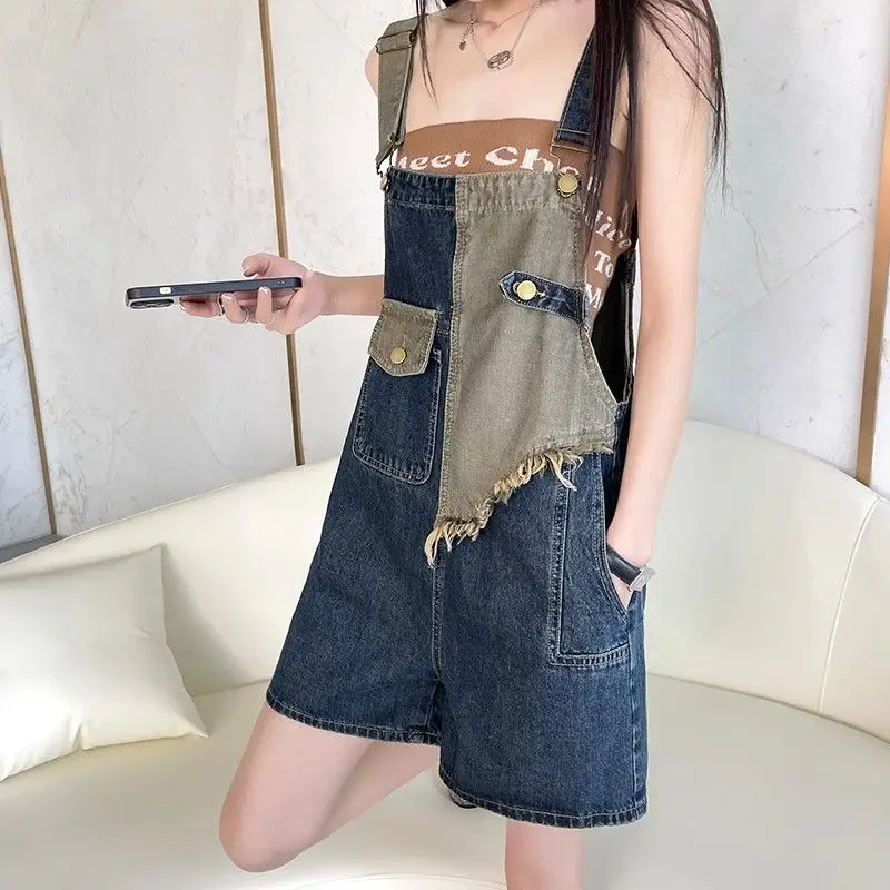 

American cowboy suspenders shorts women's summer 2024 new slim loose wide-leg retro age-reducing tooling one-piece shorts
