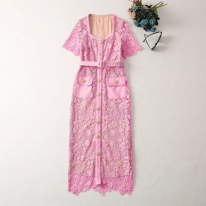 European and American women's clothes 2023 spring new Short sleeve square neck hollowed out lace pink Fashion Belt Dress XXL
European and American women's clothes 2023 spring new Short sleeve square neck hollowed out lace pink Fashion Belt Dress XXL