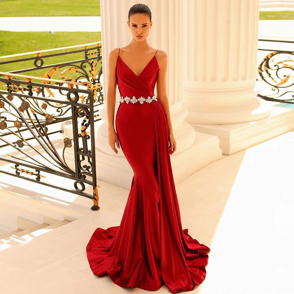 Sexy Red Long Evening Dresses Satin V Neck Crystals Belt Mermaid Floor Length Formal Prom Party Gowns Robes De Soirée Plus Zise
Sexy Red Long Evening Dresses Satin V Neck Crystals Belt Mermaid Floor Length Formal Prom Party Gowns Robes De Soirée Plus Zise