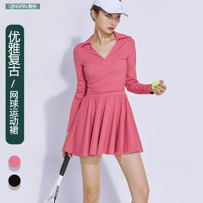 

Long Sleeve Tennis Dress Women with Shorts Underneath Golf Wear V-neck Black Outdoor Badminton Training Suit Fitness Sport Wear