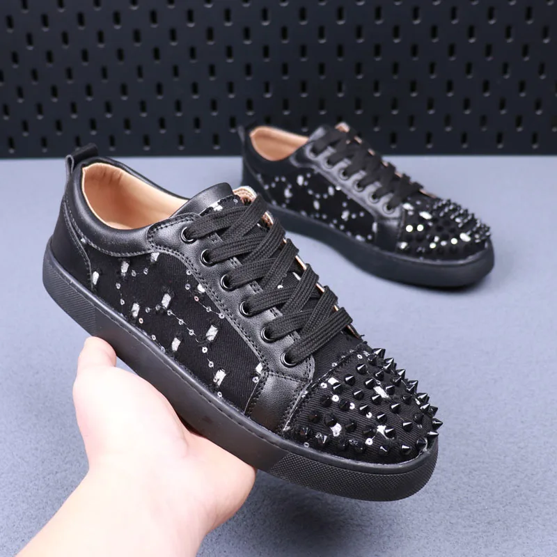 

mens casual rivets shoes lace-up flats canvas shoe punk rock dress black white studded sneakers breathable spikes footwear mans