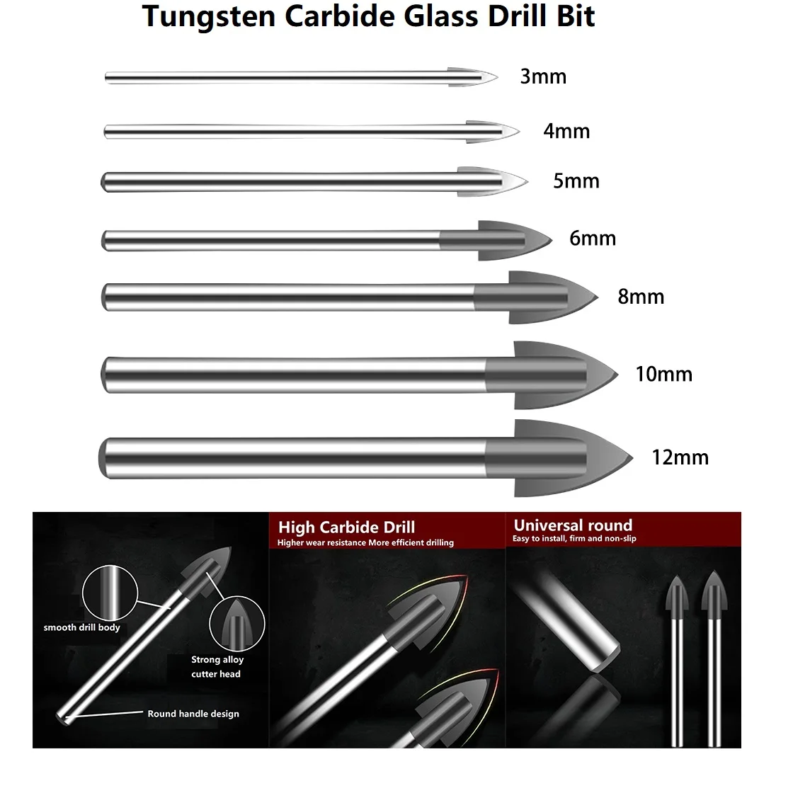5pcs 3/4/5/6/8/10/12mm Glass Drill Bit Tungsten Carbide Tipped Bits For Ceramic Tile Cutter Power Tools Accessories
5pcs 3/4/5/6/8/10/12mm Glass Drill Bit Tungsten Carbide Tipped Bits For Ceramic Tile Cutter Power Tools Accessories