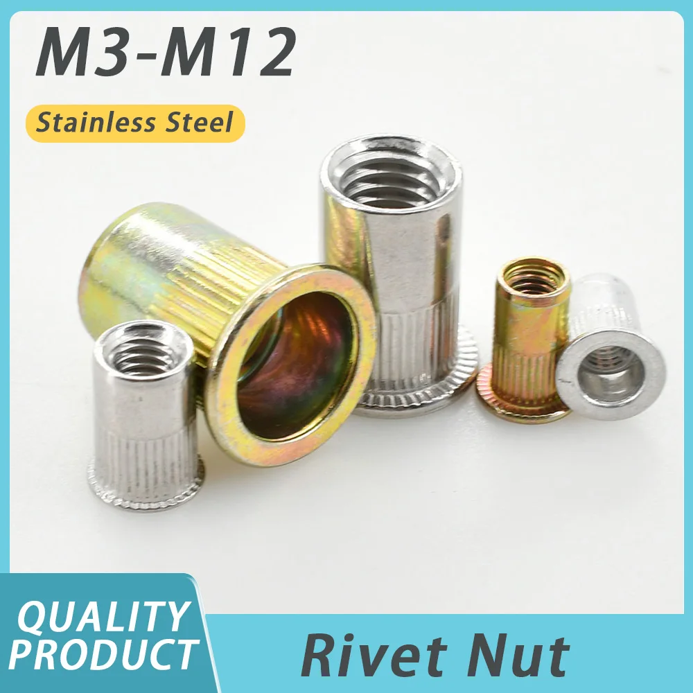 

M3 M4 M5 M6 M8 M10 M12 Stainless Steel Rivet Nut Threaded Flat Head Flange Insert Nuts Zinc Plated Iron Rivnut Alloy Nutsert