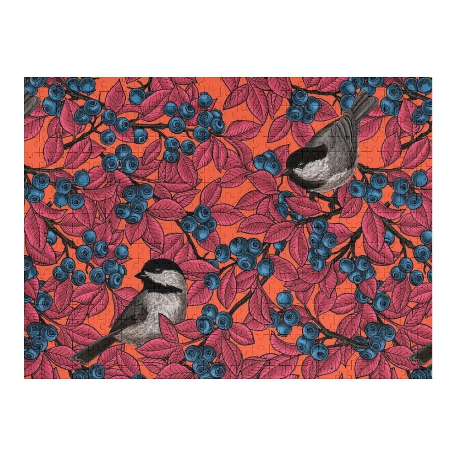 

Chickadee birds on blueberry branches, red leaves colorway Jigsaw Puzzle Personalized Gifts Scale Motors Puzzle