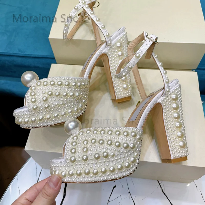 

White Pearl Sandals Women Chunky High Heels Platform Shoes Summer Sweet Wedding Shoes for Bride Peep Toe Sandals with Heels