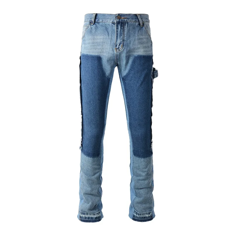 

A9307 2024 Mens Flare Spliced Blue Jeans Multi-Pocket Tapered Spliced Clash Street Style Flared Jeans