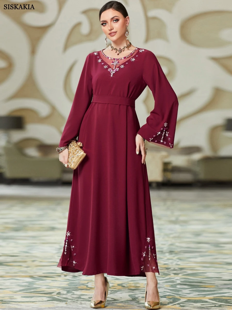 

Siskakia Pure Handwork Rhinestone Red Long Dress For Muslim Women Chic Hollow Out Full Sleeve Belted Dubai Moroccan Robe