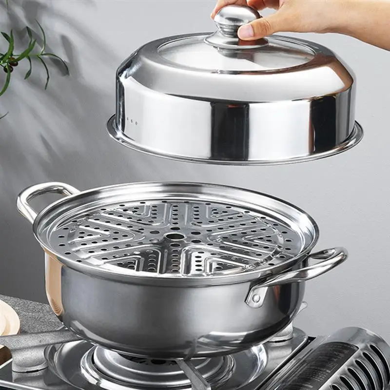 

1 Set 28cm Stainless Steel Two Layer Thick Steamer Pot Soup Steam Pot Universal Cooking Pots For Induction Cooker Gas Stove