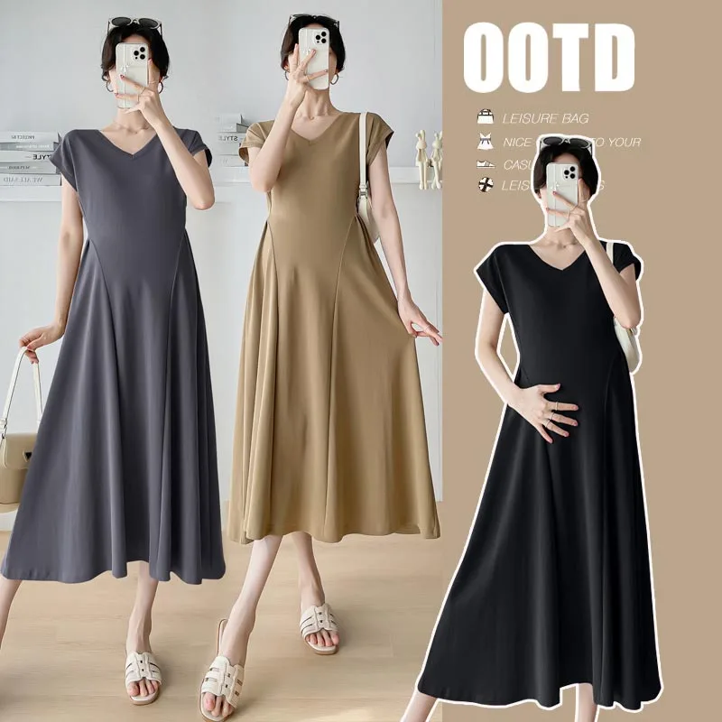 

Maternity Clothes Summer Dress Wearing Fashionable V-Neck Short Sleeve Long Dress Version Knitted A-line Skirt Pregnant Women