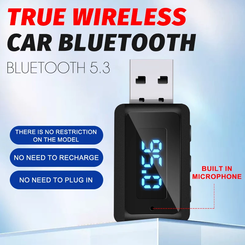 

Car Bluetooth 5.3 T60 Mini USB Transmitter Receiver with LED Display Handsfree Call Car Kit Auto Wireless Audio For Fm Radio