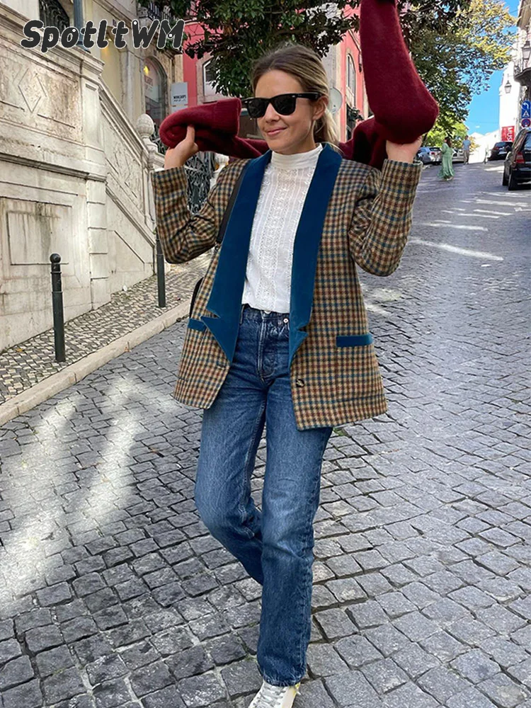 

Vintage Turndown Collar Contrasting Color Plaid Coat Women Fashion Long Sleeved Buttons Jacket Female Causal Chic Street Outwear