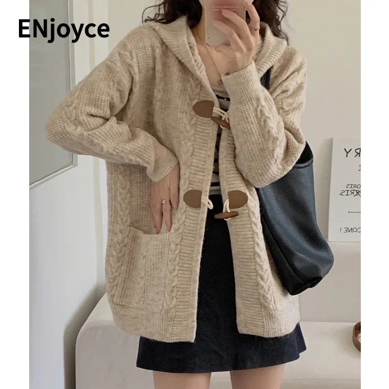 Women Vintage Cowl Button Single Breasted Twist Jumper Hooded Knitted Cardigans Sweaters Korean Style Casual Loose Knit Coat
Women Vintage Cowl Button Single Breasted Twist Jumper Hooded Knitted Cardigans Sweaters Korean Style Casual Loose Knit Coat