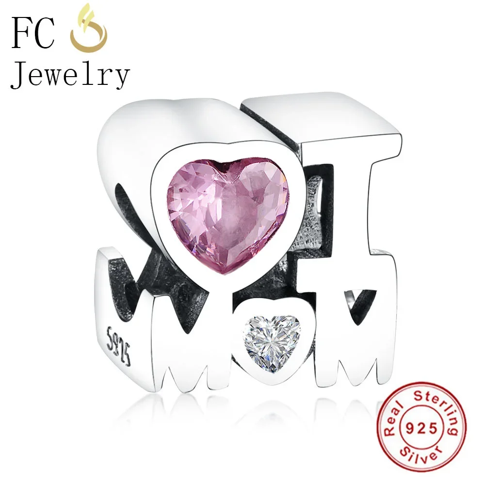 

FC Jewelry Fit Original Brand Charms Bracelet 925 Sterling Silver Letter I Love Mom Pink CZ Stone Heart Bead Berloque DIY 2018
