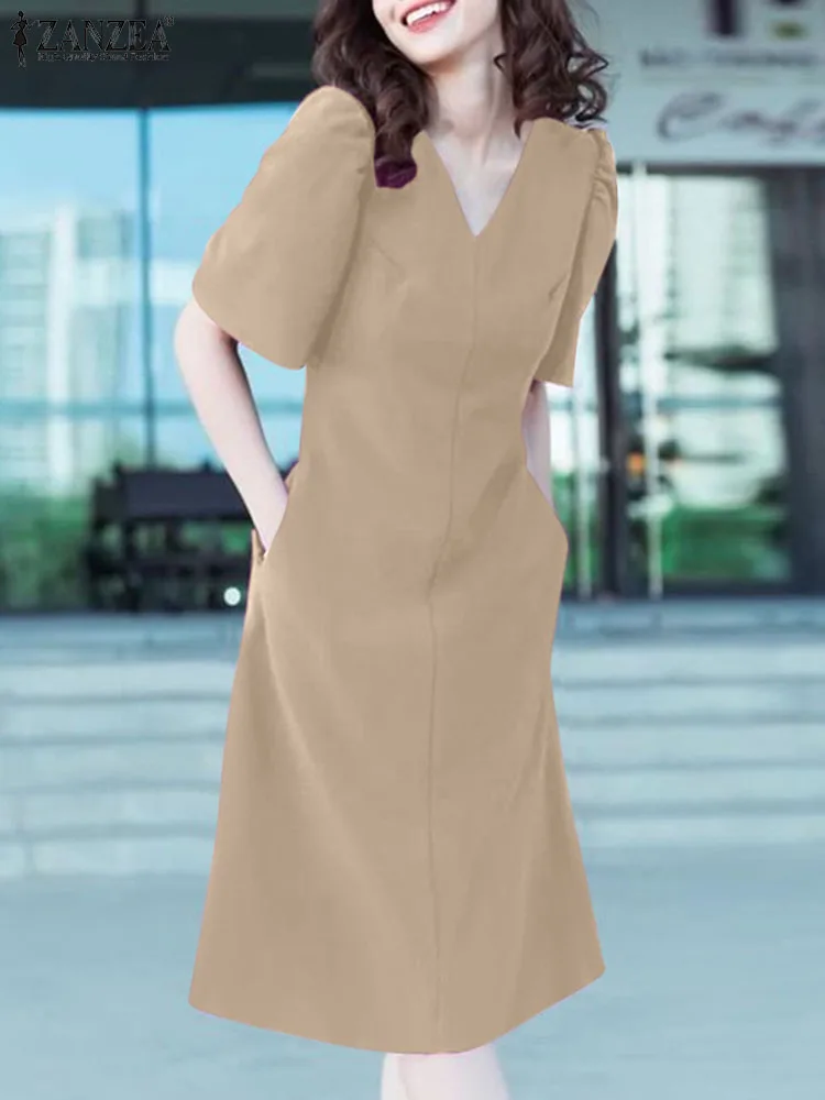 

Платье ZANZEA женское с пышными рукавами, элегантный повседневный офисный сарафан средней длины, однотонное модное праздничное с V-образным вырезом, лето 2024