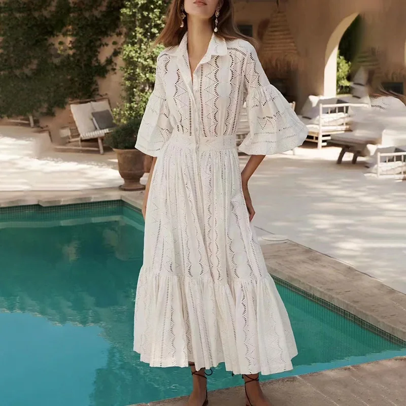 2023 New French Style Temperament Wind Lapel Trumpet Sleeve Openwork Embroidery Dress Female High Waist Long Dress
2023 New French Style Temperament Wind Lapel Trumpet Sleeve Openwork Embroidery Dress Female High Waist Long Dress
