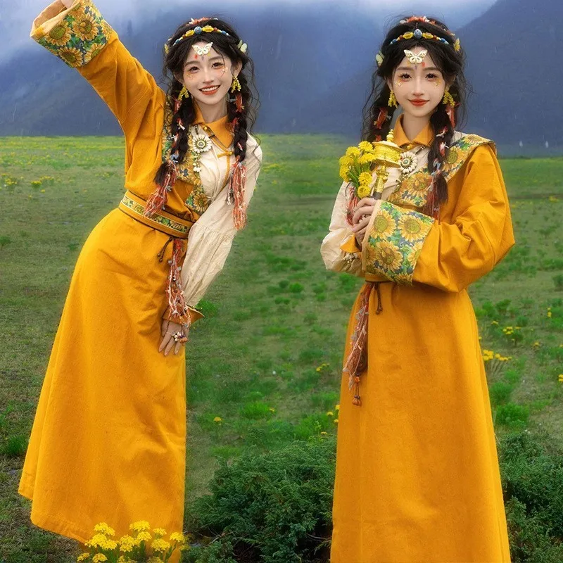 

New Tibetan Style Women Yellow Robe Clothing Trip Shoot Ethnic Grassland Photo