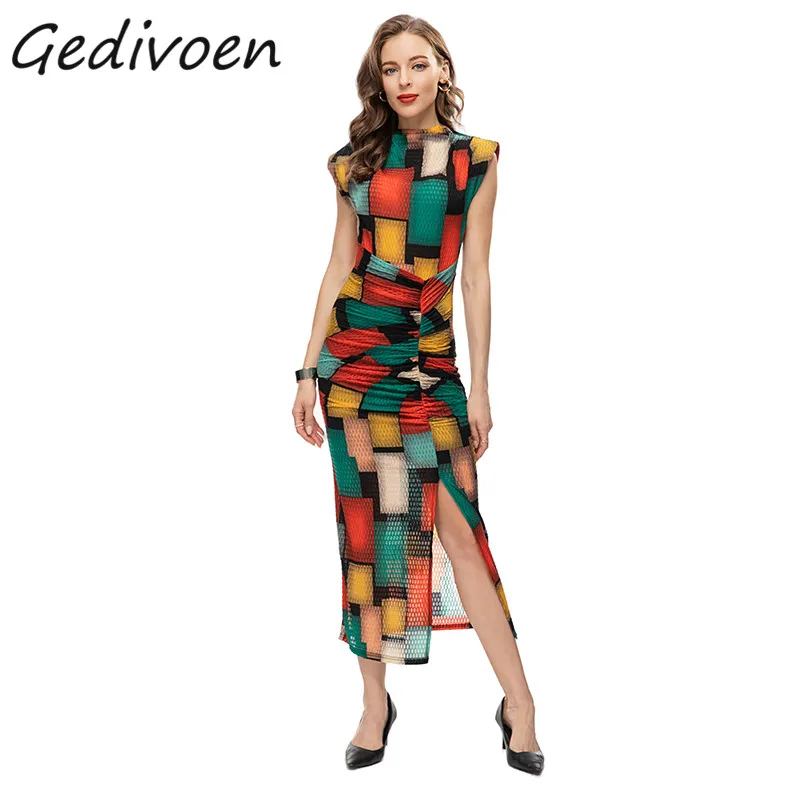 Gedivoen Summer Fashion Runway Vintage Package Buttock Dress Women's O-Neck Color Block Print Ruched High Waist Slit Long Dress
Gedivoen Summer Fashion Runway Vintage Package Buttock Dress Women's O-Neck Color Block Print Ruched High Waist Slit Long Dress