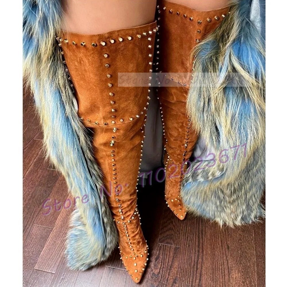 

Sparkling Studded Thigh High Boots Women Sexy Metal Rivets Pointy High Heels Suede Leather Shoes Ladies Winter Fashion Boots