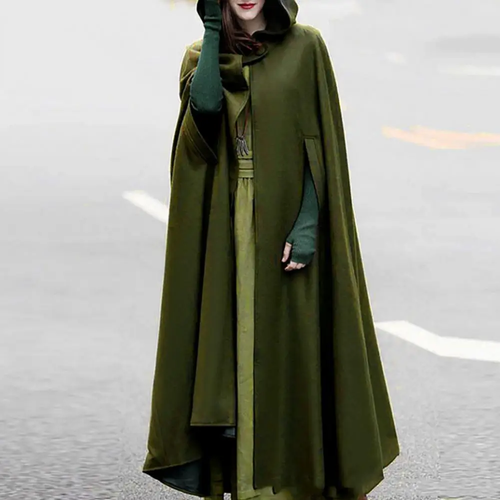 

Medieval Women Cloak Thickened Loose Warm Windproof Lengthened Single Button Closure Sleeve Holes Hooded Ponchos Long Shawl