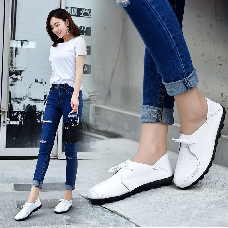 

New Moccasins Women Flats 2024 Autumn Stylish Lace Up Loafers Soft Leather Slip On Comfort Causal Mother Single Shoe