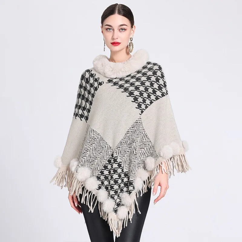 

Women Loose Poncho Pompon Triangle Cape Winter Warm Faux Rabbit Fur Neck Plaid Tassel Cloak Out Pullover Shawl Streetwear