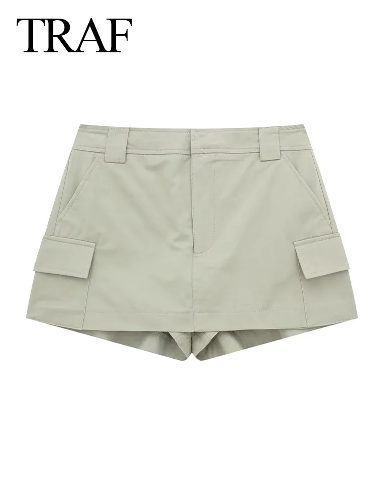 

TRAF 2023 Female Streetwear Short Pants Solid High Waist Multiple Pockets Decorate Zipper Women's Fashion Summer Casual Culottes