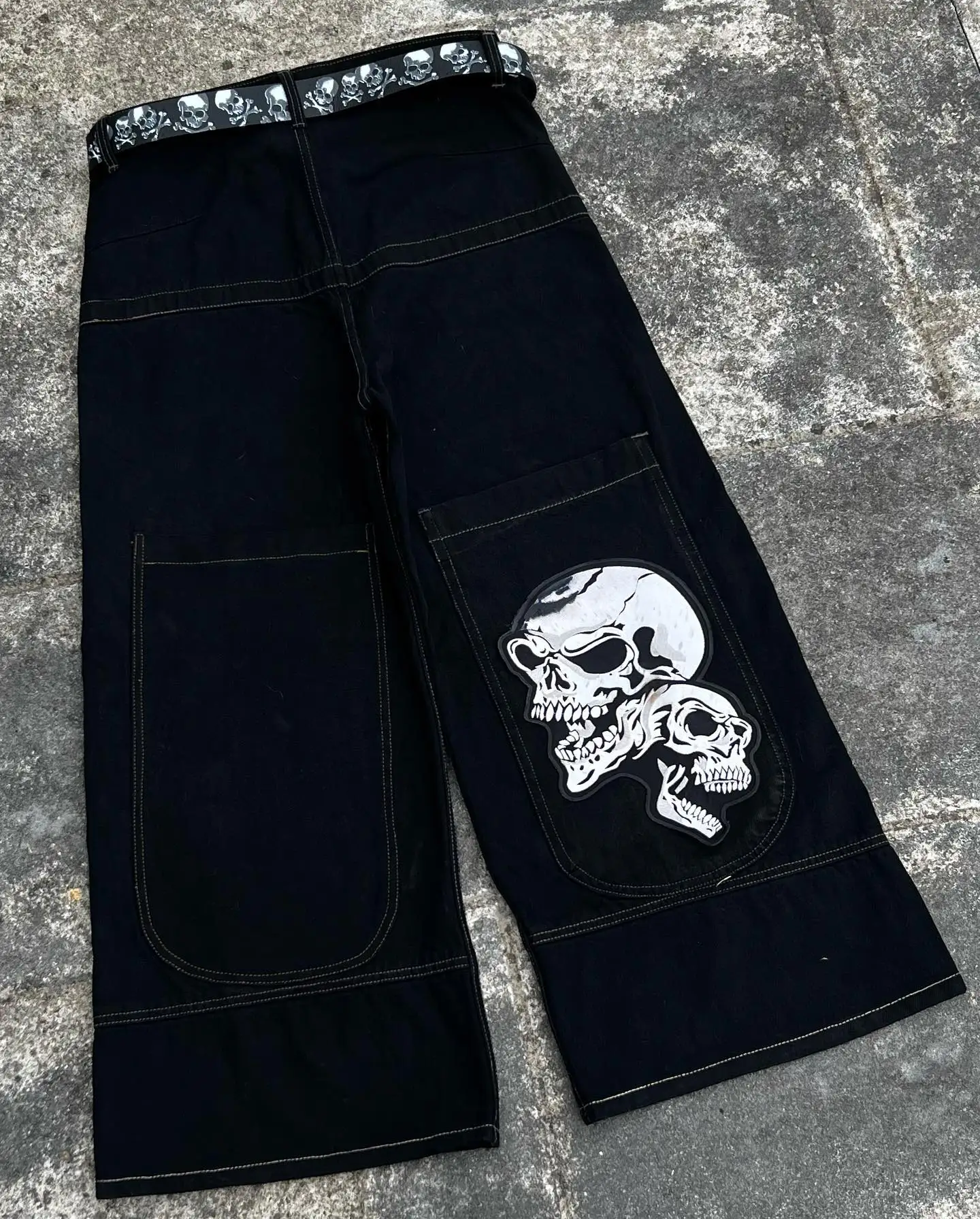 

Jeans Men Hip Hop Punk Skull Print Baggy Y2k Low Rise Wide Leg Denim Trousers Harajuku Black Casual Pants Loose Goth Streetwear