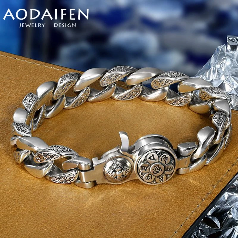 

AODAIFEN S925 Sterling Silver Trend Rotatable Six-Character Mantra Men's and Women's Bracelets Thick Vintage Luxury Jewelry Gift