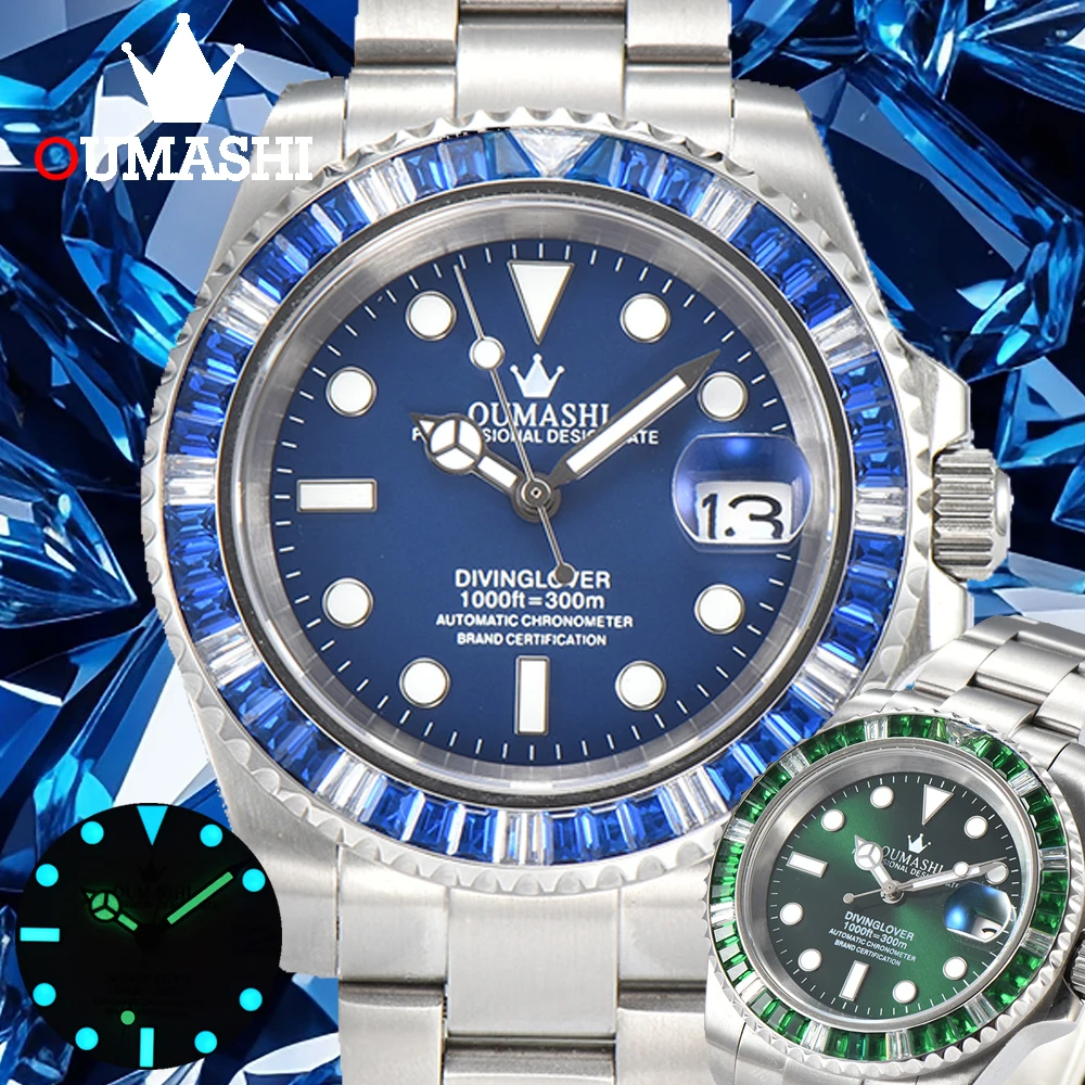 

OUMASHI 40mm Blue/Green Aqua Diamond Diving Automatic Mechanical Men's Watch NH35 Movement Waterproof with Sapphire Glass
