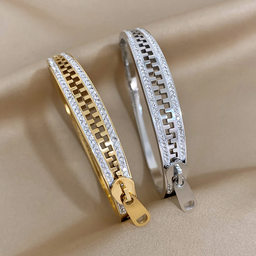 ALLYES Creative Shiny Rhinestones Zipper Stainless Steel Bracelet Statement 18K Gold Plated Bracelets & Bangles Fashion Jewelry ALLYES Creative Shiny Rhinestones Zipper Stainless Steel Bracelet Statement 18K Gold Plated Bracelets & Bangles Fashion Jewelry