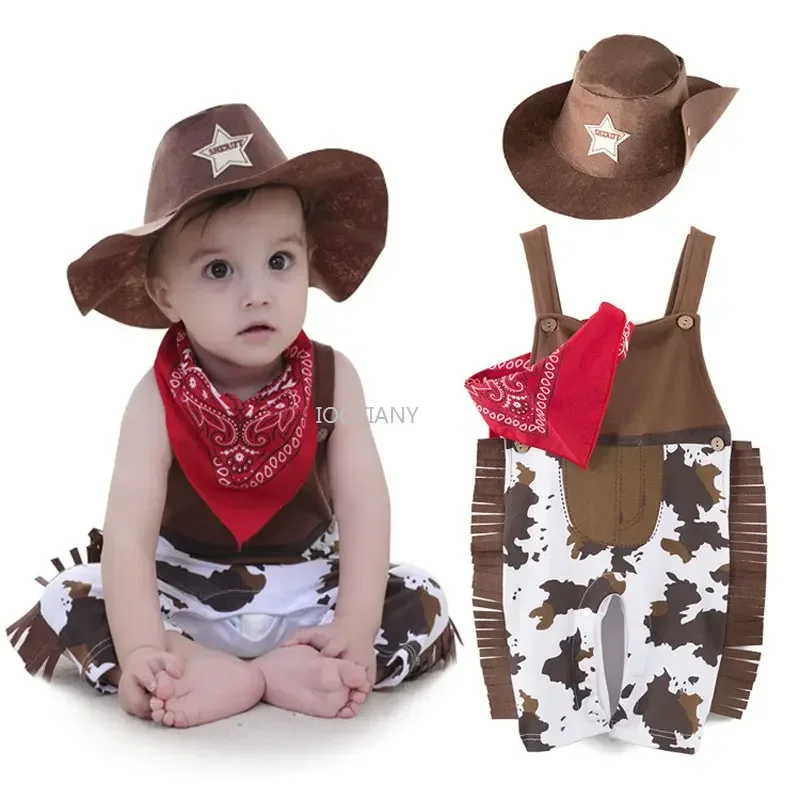 

2024 Western Cowboy Costume Straps Onesie Baby Crawling Clothes Rompers For Baby Carnival Birthday Party Cosplay Fancy Dress