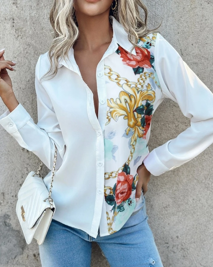 

Женская блузка на пуговицах, Повседневная рубашка с отложным воротником и длинным рукавом, с цветочным принтом и цепочкой, Y2K, весна 2024