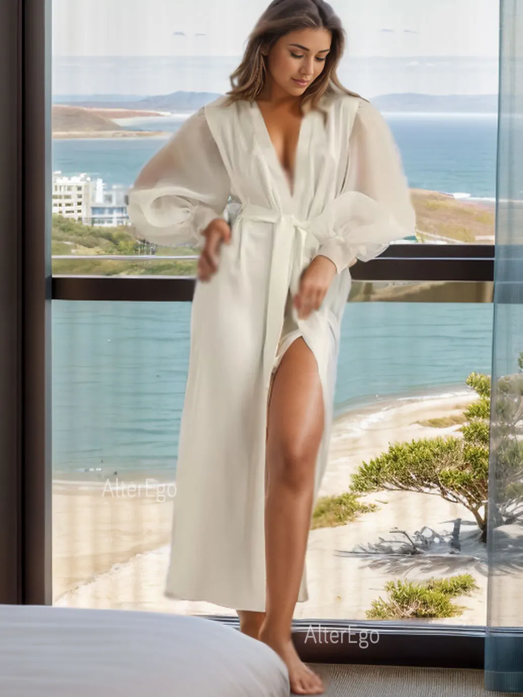 Bridal Robe Puff Organza Sleeves Wedding Gown Wide Sleeves Long Robe for Bride White Silky Boudoir Robe Getting Ready Party Gown 
Bridal Robe Puff Organza Sleeves Wedding Gown Wide Sleeves Long Robe for Bride White Silky Boudoir Robe Getting Ready Party Gown