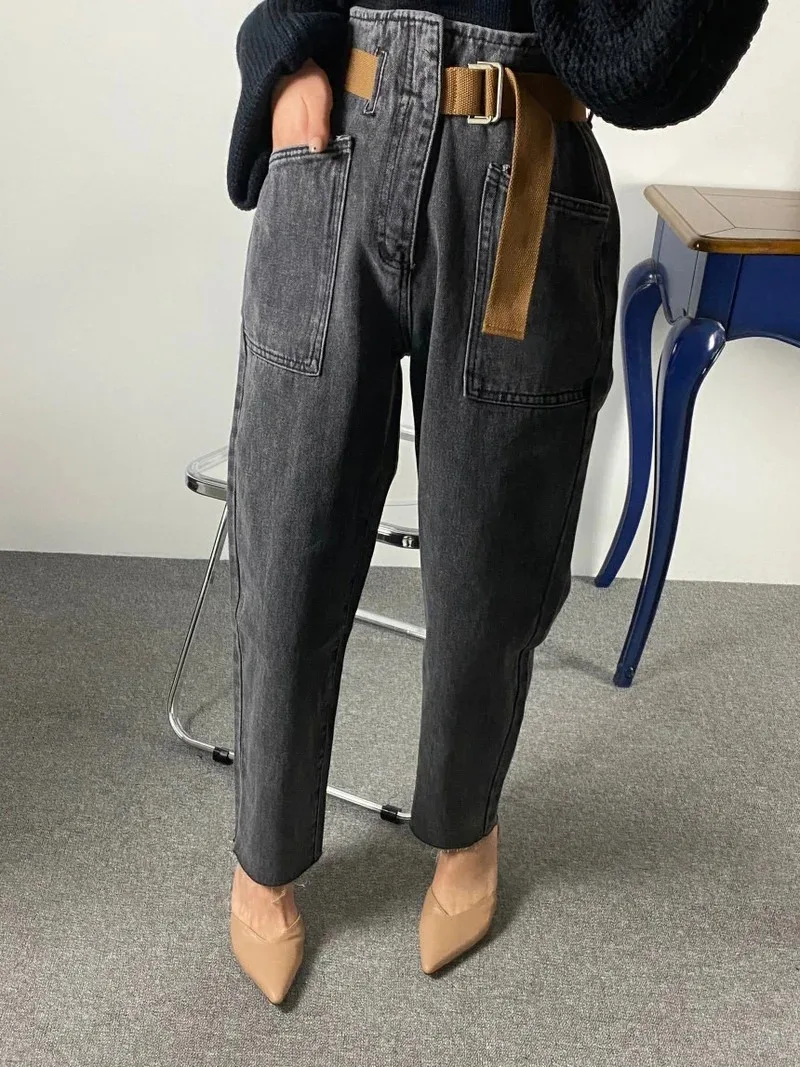 

2024 Women Korean High Waist Ankle Length Baggy Belted Harem Jeans Pants Fashion Vintage Mom Jean Loose Washed Denim Trousers