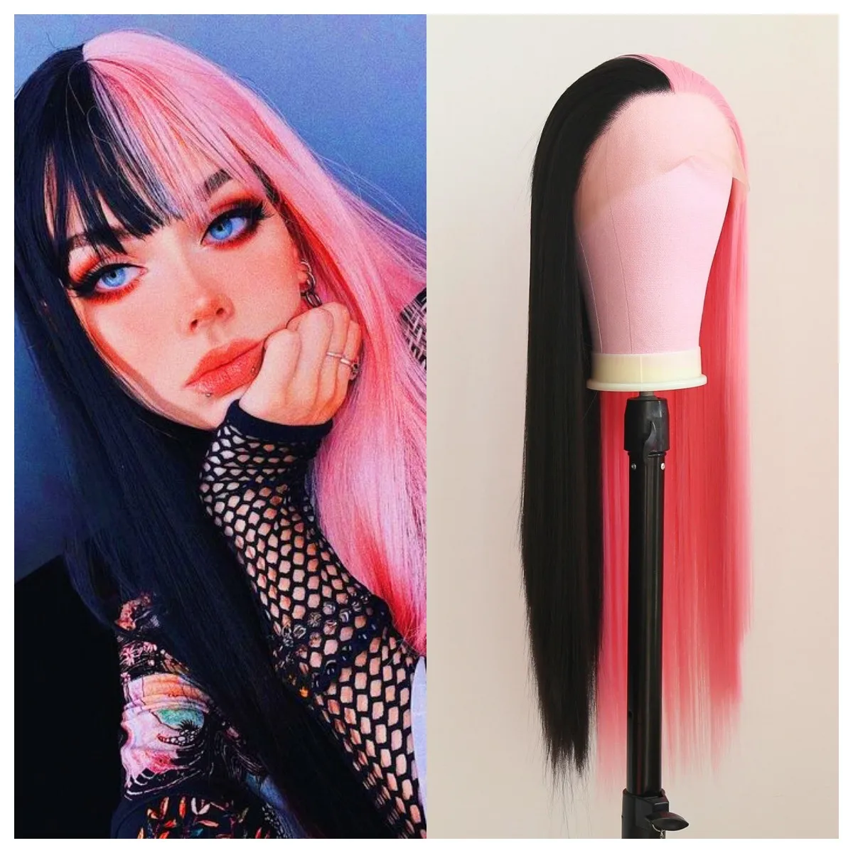 

Half Pink Half Black Colored 13x4 Lace Front Wig 30 Inch Straight Drag Queen Glueless Pre Plucked Cosplay Wigs For Women 180%